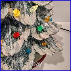 Vintage Hand Painted 15 Ceramic Lighted Christmas Tree with Glitter Flocked Snow