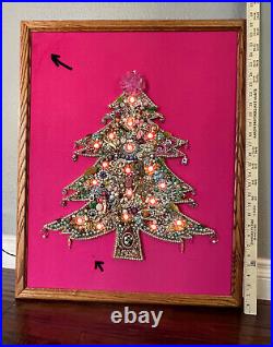 Vintage Large Framed Christmas Tree Costume Jewelry Art Collage Light Up 24x30 Vintage Large Framed Christmas Tree Costume Jewelry Art Collage Light Up 24x30