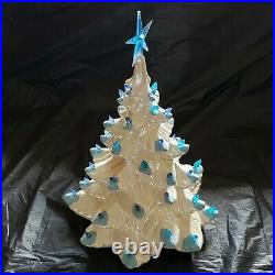 Vintage White Ceramic Christmas Tree Atomic Mold Iridescent Paint Blue Lights 19