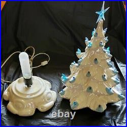 Vintage White Ceramic Christmas Tree Atomic Mold Iridescent Paint Blue Lights 19