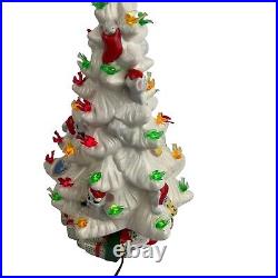 Vintage White Ceramic Christmas Tree with Mice Bird Peg Lights Lighted Base