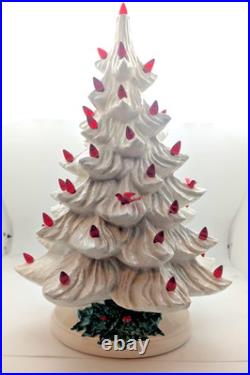 Vintage White Ceramic Lighted Christmas Tree 16 & Base with Bulb & Spare Reds
