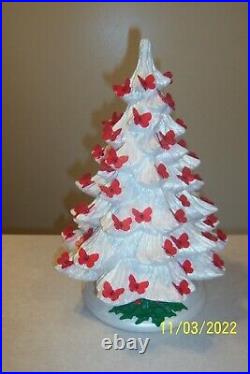 Vintage White Ceramic Lighted Christmas Tree with Red Butterfly Pegs 1981