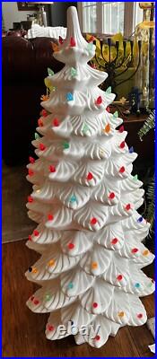Vtg 34 Tall Mold Painted Ceramic White Lighted Christmas Tree RARE Flaws