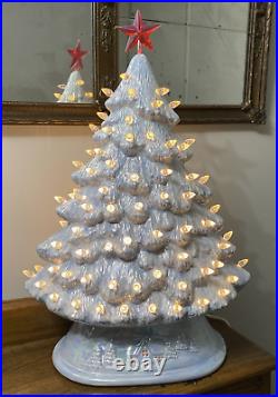 Vtg Blue & White 18 Ceramic Lighted Christmas Tree 18 X 13 Wide Unusual Shape