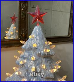 Vtg Blue & White 18 Ceramic Lighted Christmas Tree 18 X 13 Wide Unusual Shape