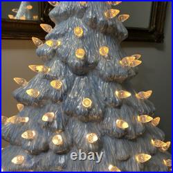 Vtg Blue & White 18 Ceramic Lighted Christmas Tree 18 X 13 Wide Unusual Shape