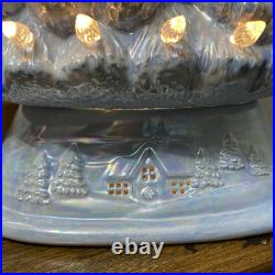 Vtg Blue & White 18 Ceramic Lighted Christmas Tree 18 X 13 Wide Unusual Shape