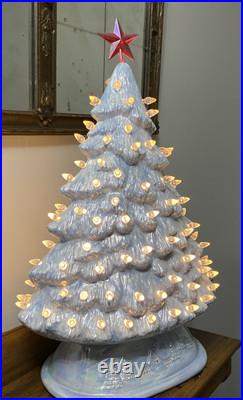 Vtg Blue & White 18 Ceramic Lighted Christmas Tree 18 X 13 Wide Unusual Shape