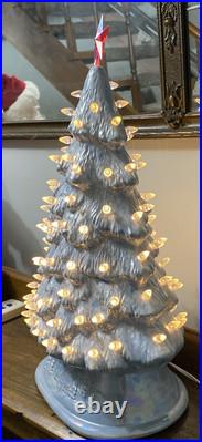 Vtg Blue & White 18 Ceramic Lighted Christmas Tree 18 X 13 Wide Unusual Shape
