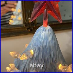 Vtg Blue & White 18 Ceramic Lighted Christmas Tree 18 X 13 Wide Unusual Shape