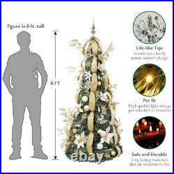 WBHome 6.5 FT Gold & White Pop-Up Christmas Tree, Pre-Lit And Fully Decorated